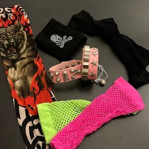 Assortment of punk gloves, cuffs & sleeve